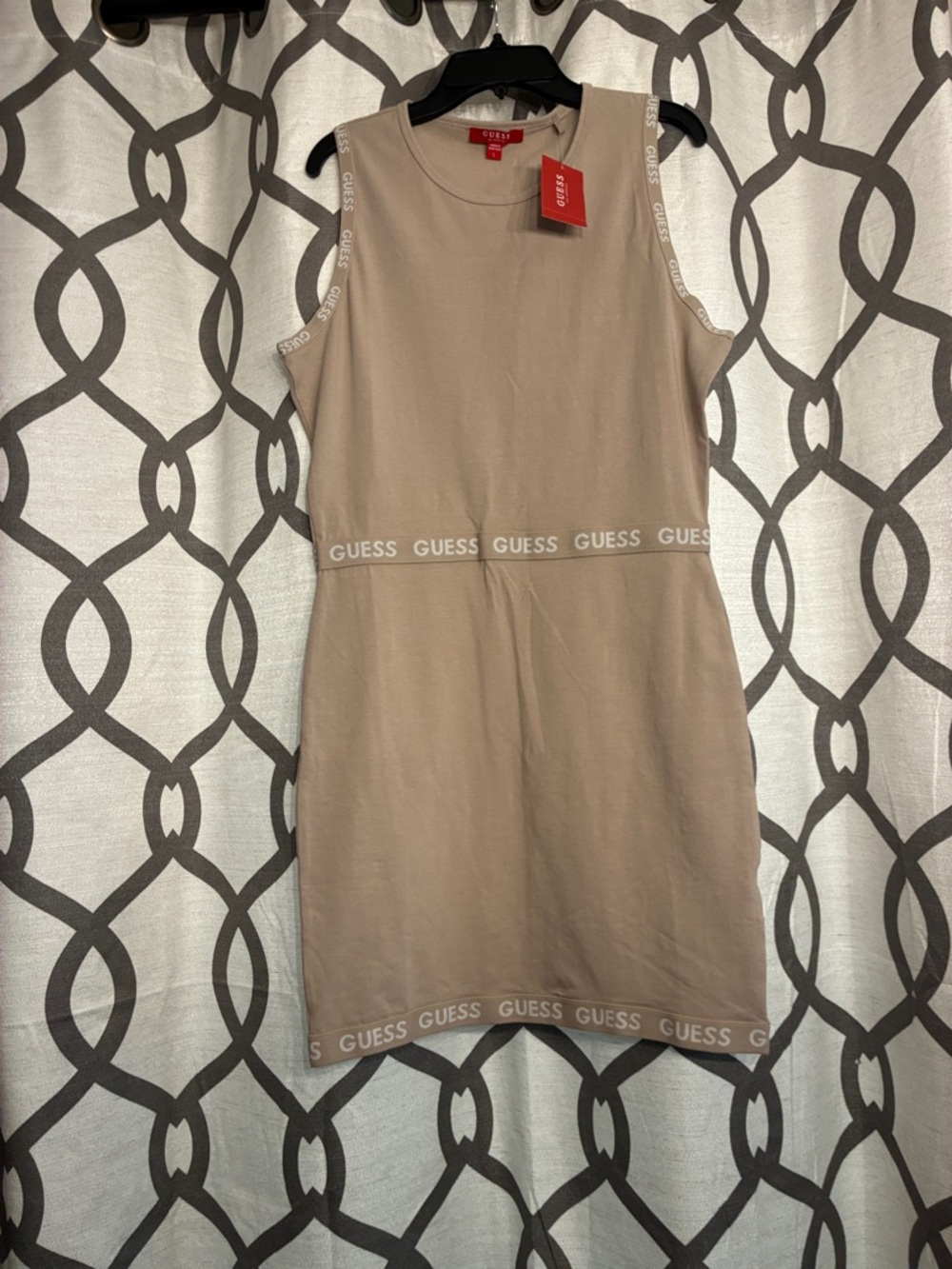 Guess L Beige Tan Taupe Logo-Band Sleeveless Mini Dress sun dress summer